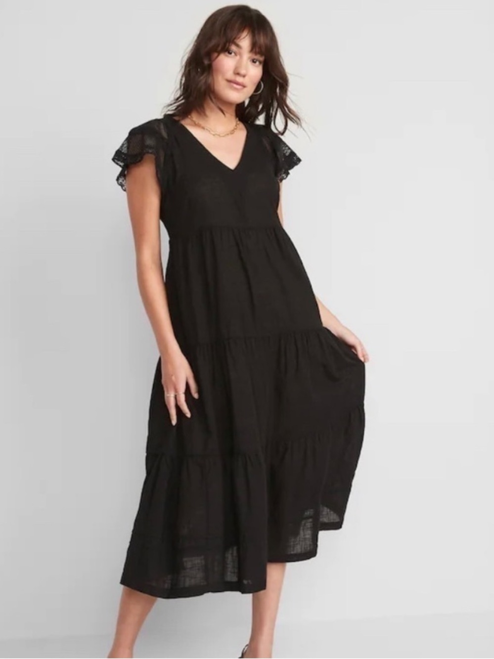 Old Navy Black Tiered Maxi Dress with Eyelet Cap Sleeves Size XL